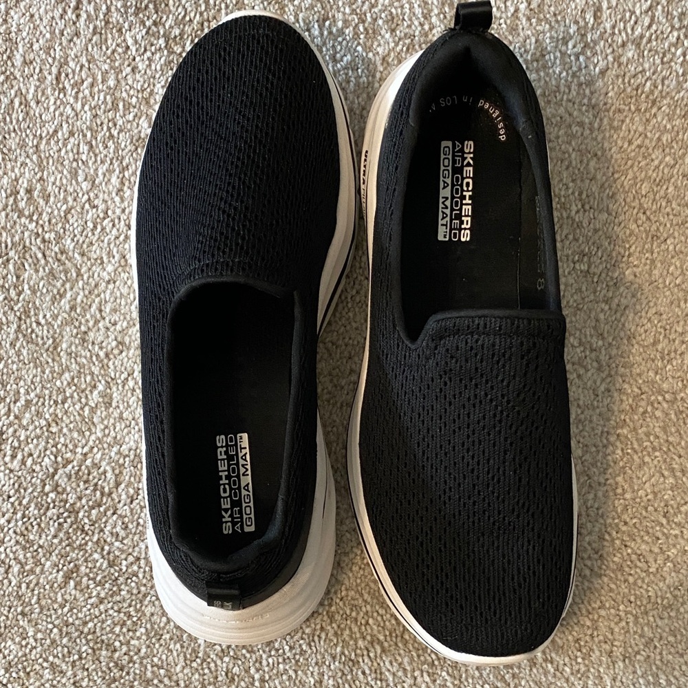 NWOT Skechers Black Knit Slip-On Sneakers with White Soles